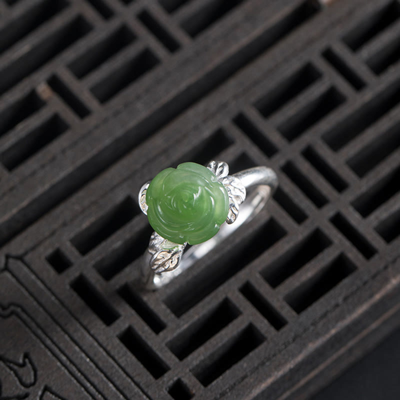 Ring aus 925 Silber mit grüner Jade Rosenquarz Glück Schutz