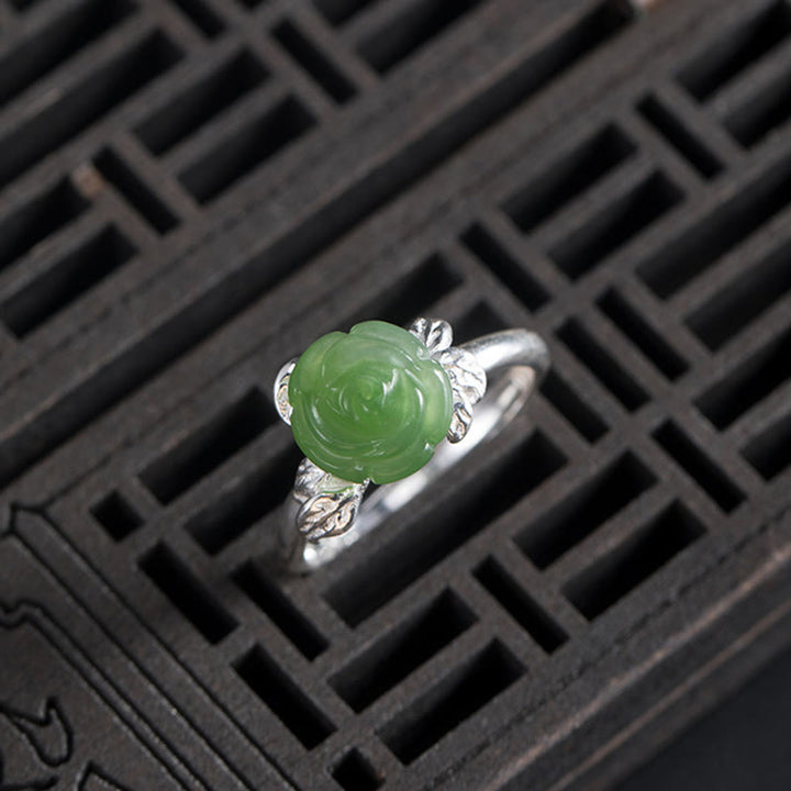 Ring aus 925 Silber mit grüner Jade Rosenquarz Glück Schutz