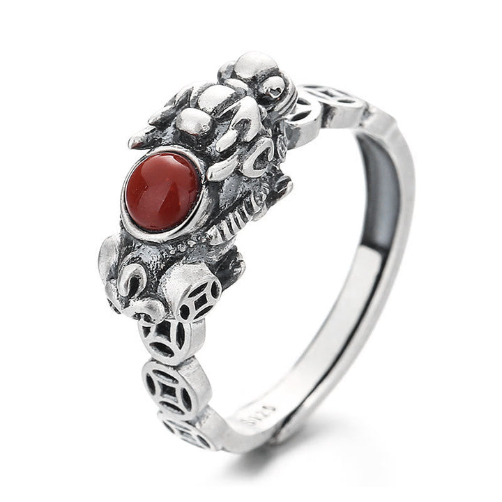 Pixiu Ring Kupfer Roter Achat für Wohlstand Glück Schutz