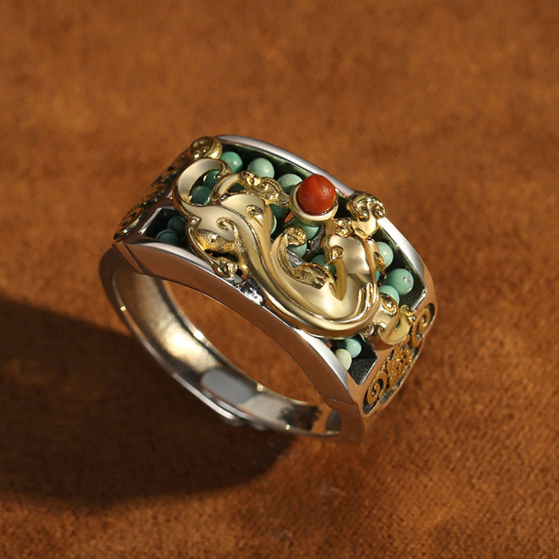 Silber Pixiu Ring mit Türkis Roter Achat Schutz Glück Fengshui