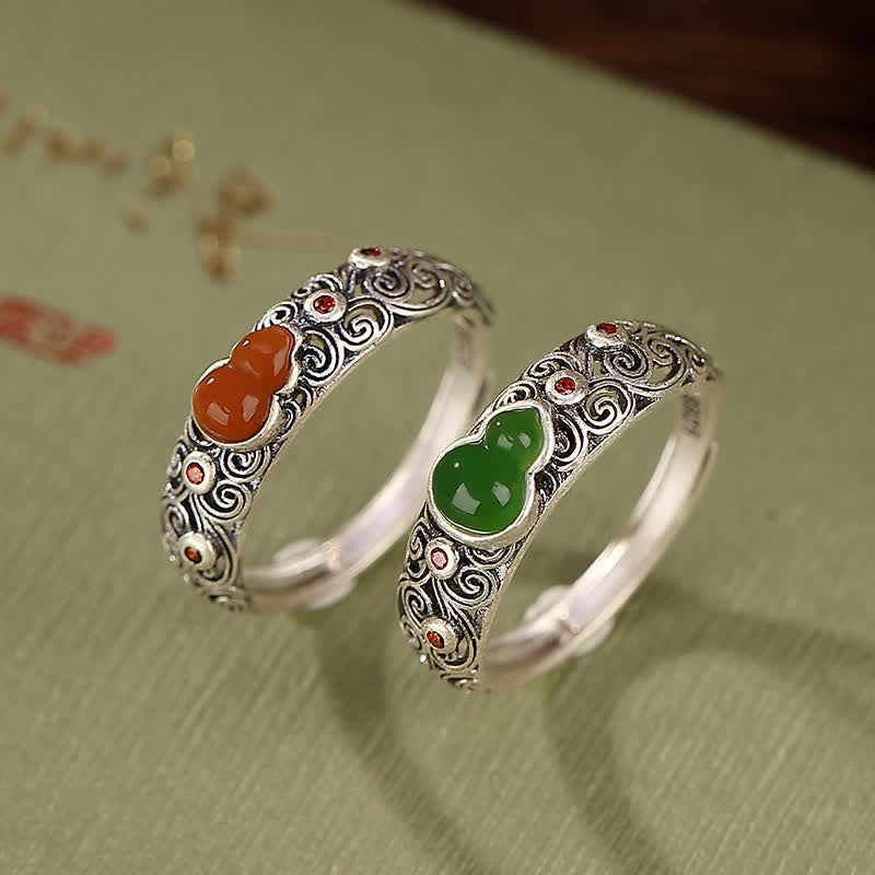 Ring 925 Silber Roter Achat Grüne Jade Kalebasse Segen Glück Ornament