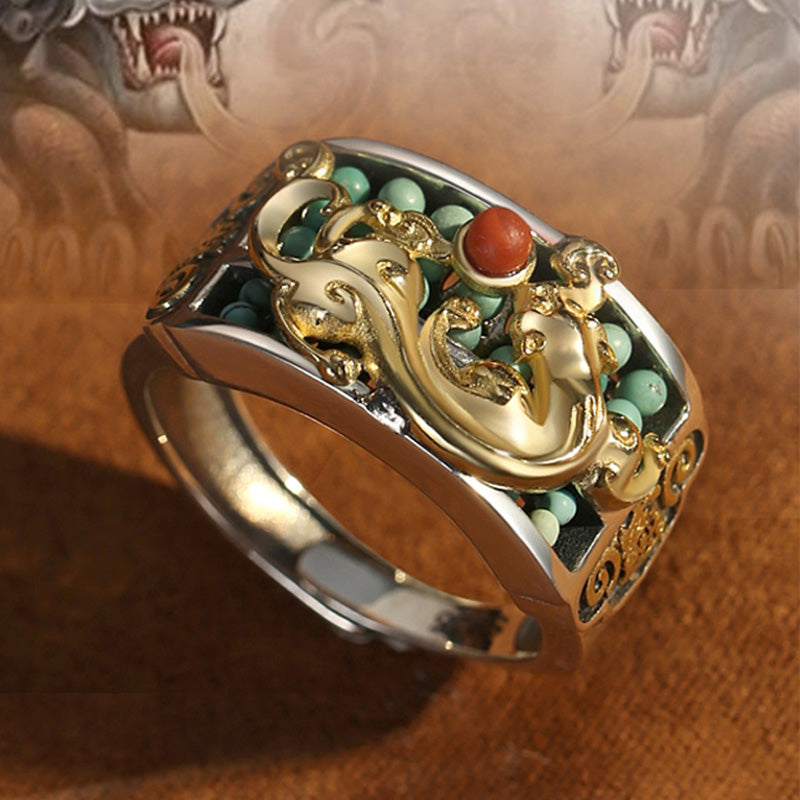 Ring 925 Silber Türkis Roter Achat Pixiu Schutz Fengshui Glück
