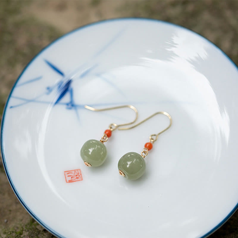 Ohrringe Hetian-Jade Roter Achat – Glück auf Porzellanteller Boho Schmuck spirituell