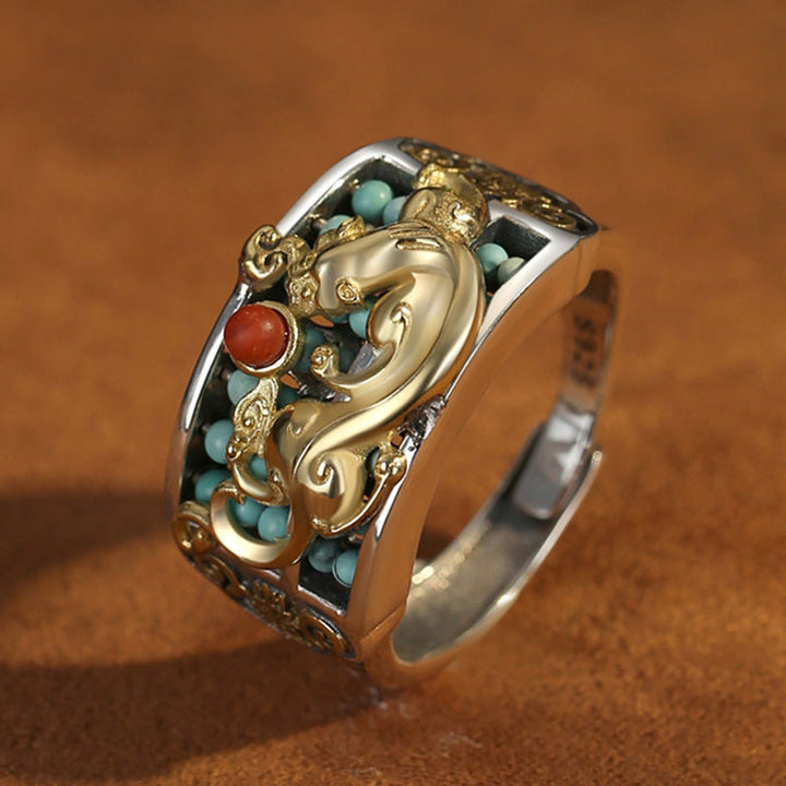 Pixiu Ring 925 Silber Türkis Roter Achat Fengshui Schutz Glück