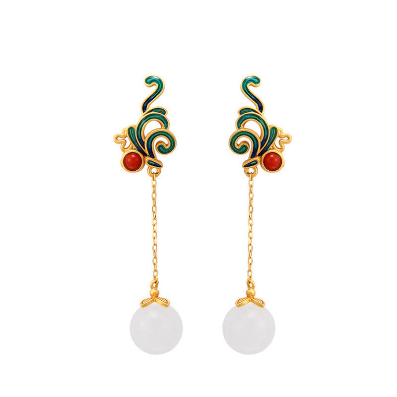 Ohrringe Weißer Jade Roter Achat Gold Cloisonné hängend Boho Schmuck