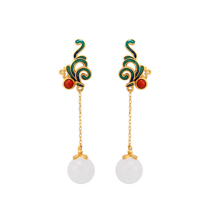 Ohrringe Weißer Jade Roter Achat Gold Cloisonné hängend Boho Schmuck