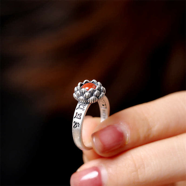 Ring 925 Silber mit rotem Achat Lotus Stein für Mut und Segen