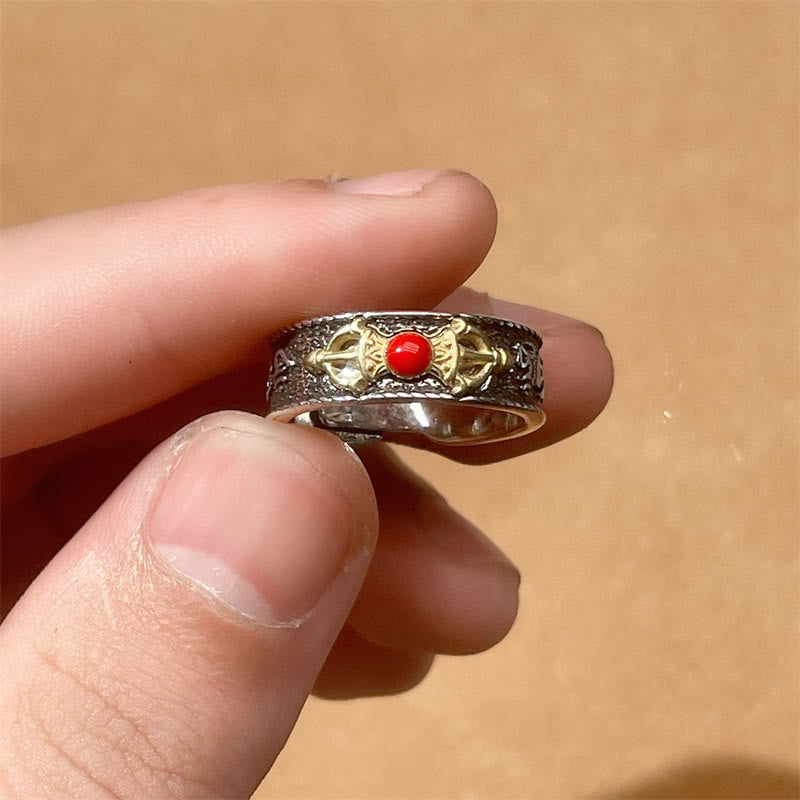 Ring Roter Achat mit Dorje Vajra Symbol Silber Weisheit