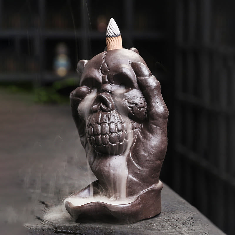 Rückfluss Räuchergefäß Totenkopf Geisterhand Ton Deko