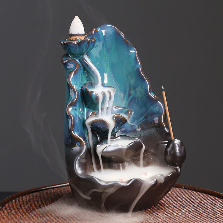 Rückfluss Räucherkegel Lotusblatt Keramik Blau Feng Shui