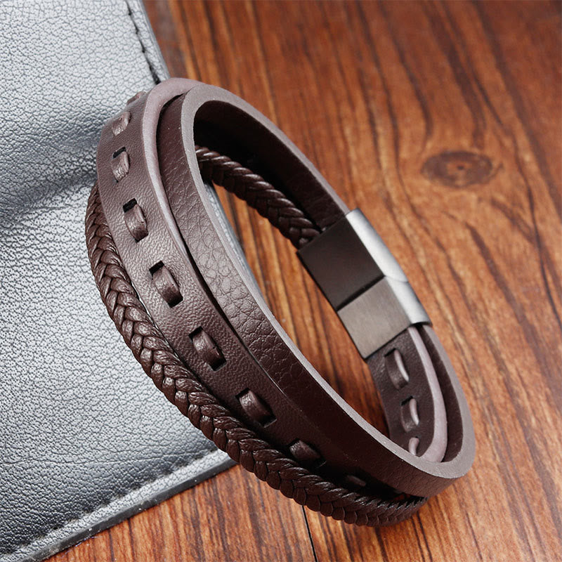 Armband Titanstahl Buckle Layered Geflochten Leder Ruhe braun Herren Handgelenk