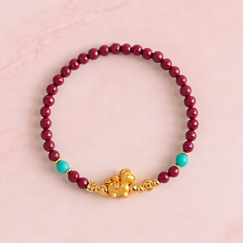 Armband Zinnober Fu-Zeichen Ruhe Energie goldene Ziege Türkis Perlen Handgelenk