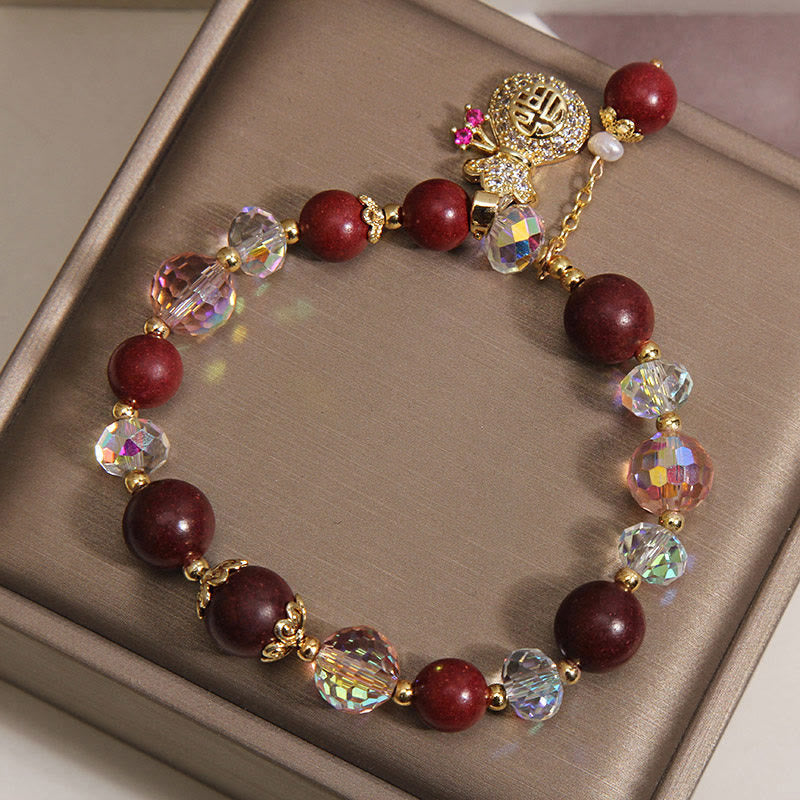 Armband Sandelholz Fu-Zeichen Schutz Glück Kristall Perlen Goldanhänger Schmuckbox
