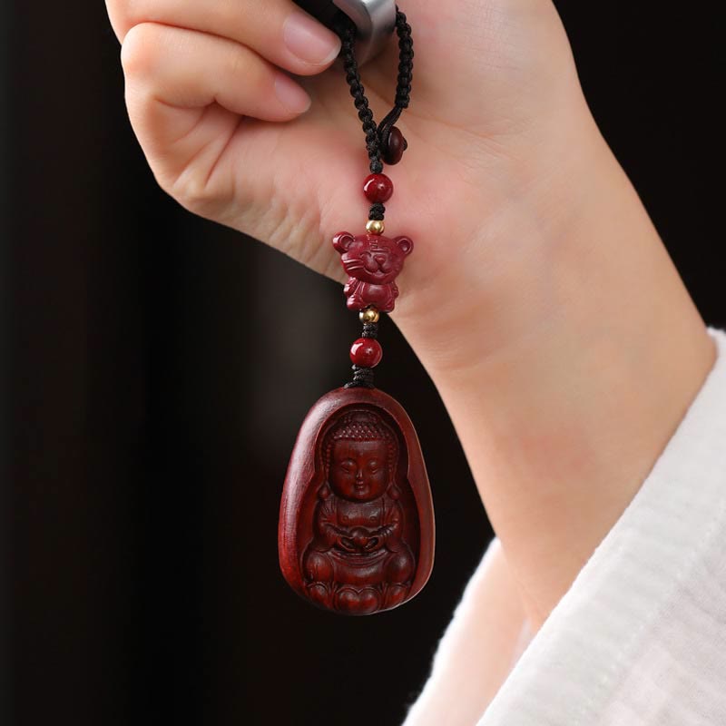 Schlüsselanhänger Buddha Sandelholz Tierkreis Maus geschnitzt Glücksbringer spirituell