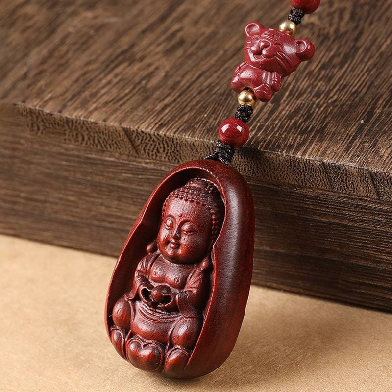 Schlüsselanhänger Buddha Sandelholz Tierkreis Tiger geschnitzt rot spirituell Glücksbringer