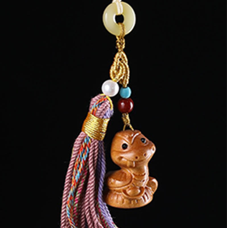 Schlüsselanhänger Sandelholz Tierkreis Schlange Quaste Jade Ring spiritueller Glücksbringer
