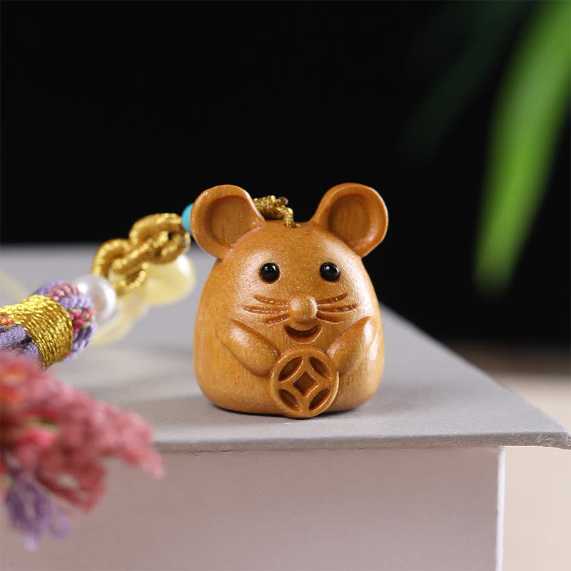 Ratte Schlüsselanhänger Sandelholz Tierkreis Quaste Glücksmünze Feng Shui spirituell