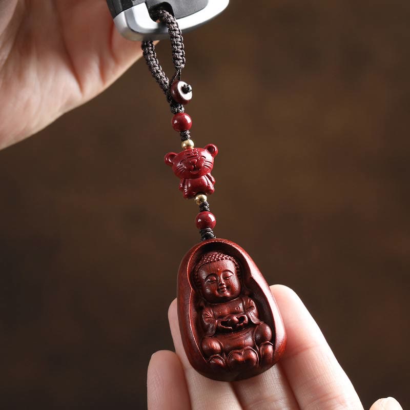 Schlüsselanhänger Buddha Sandelholz Tierkreis Tiger geschnitzt spirituell Glücksbringer
