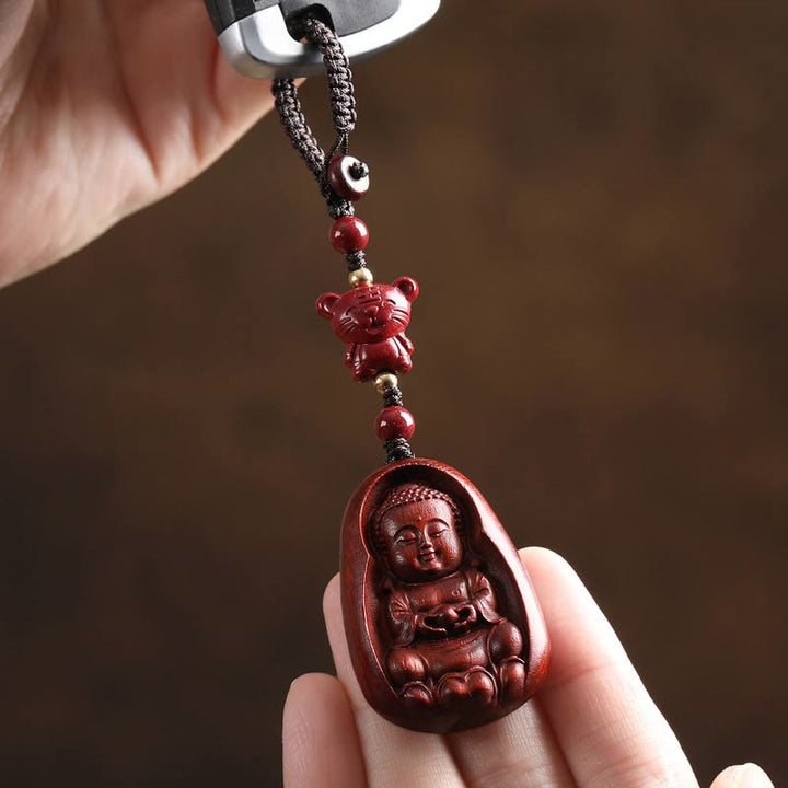 Schlüsselanhänger Buddha Sandelholz Tierkreis Tiger geschnitzt spirituell Glücksbringer
