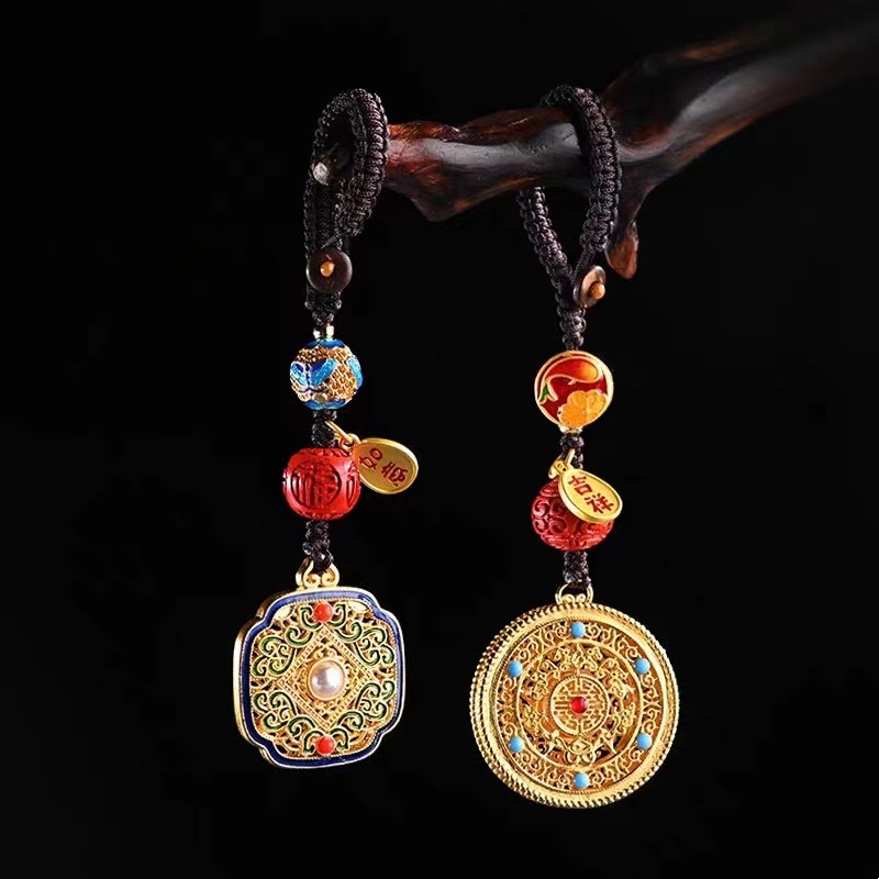 Schlüsselanhänger Fu Ruyi Glücksbringer Cloisonné Zinnober traditionell Feng Shui spirituell