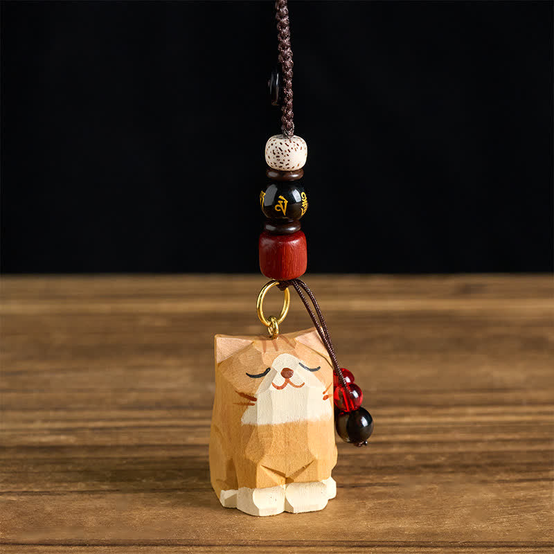 Schlüsselanhänger Om Mani Padme Hum Katze Holz handgeschnitzt spirituell Glücksbringer
