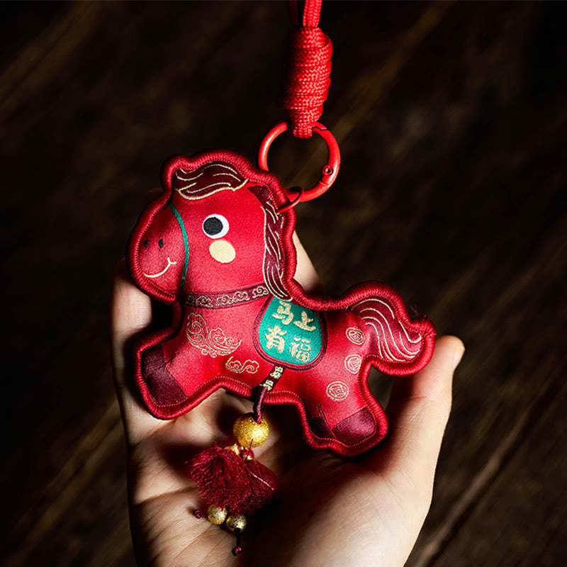Schlüsselanhänger Pferd Stickerei Quaste – Wohlstand Red Horse(Size: 9*8cm)