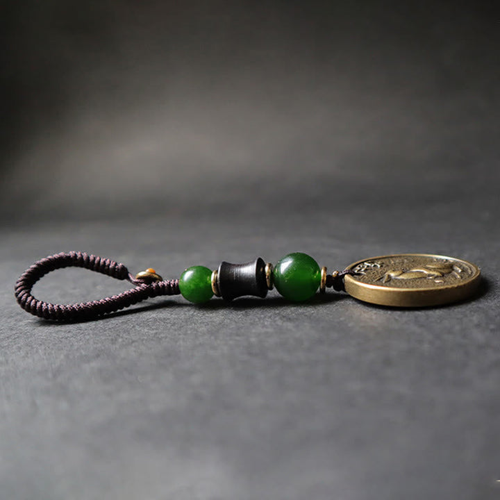 Schlüsselanhänger Pferd Bagua Kupfer mit grünen Jade Perlen Feng Shui