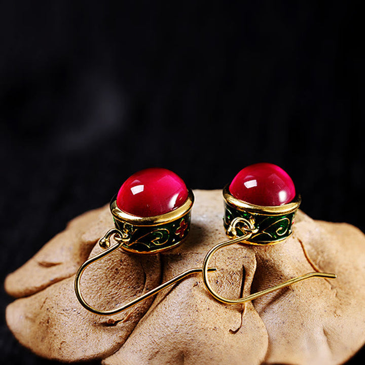 Ohrringe Roter Korund Gold Cloisonné Ohrhänger Vintage Boho Schmuck spirituell