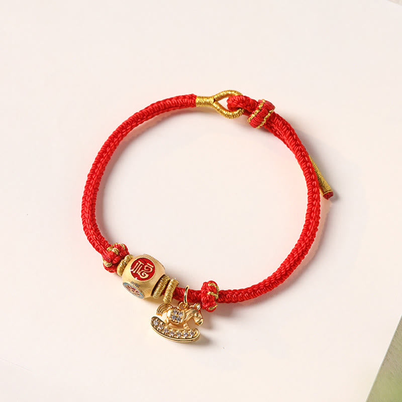 Armband Kupfer Fu-Zeichen rote Kordel goldenes Pferd Anhänger Glücksbringer