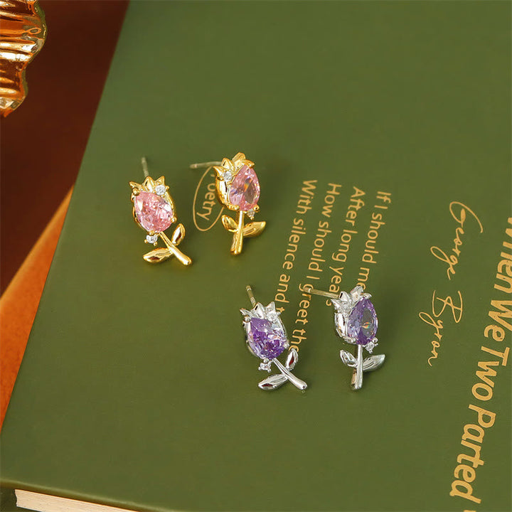 Ohrringe Tulpe Zirkonia Kupfer rosa lila Blume Boho Schmuck Ohrstecker