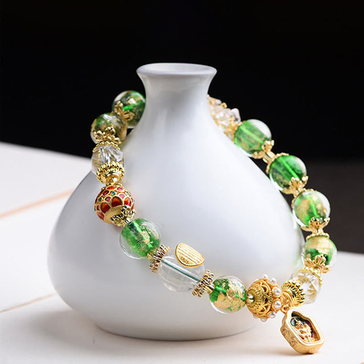 Grünes Glasperlen Armband 925 Silber Kupfer mit goldenen Verzierungen Vase