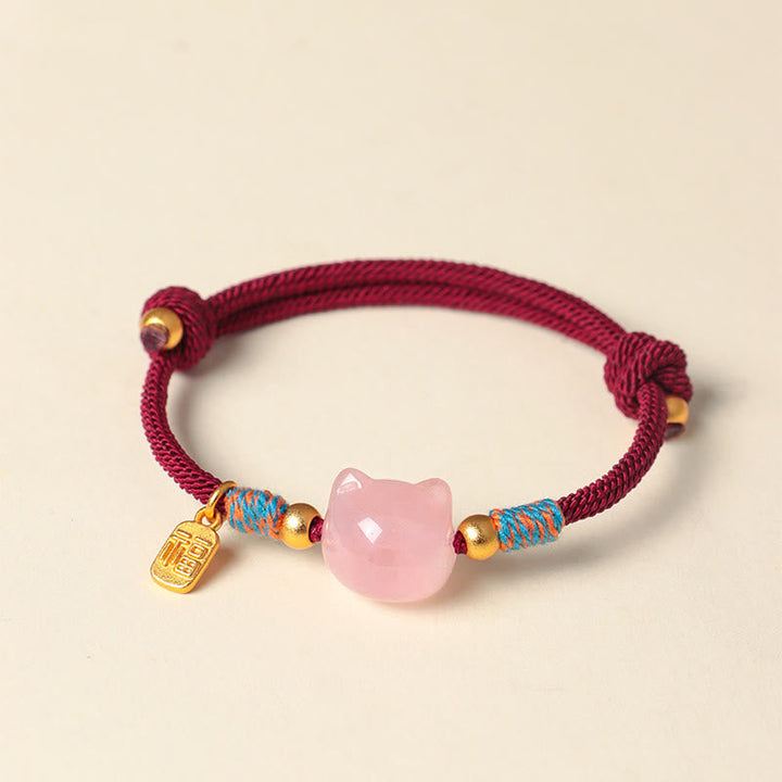 Armband Silber Obsidian Kristall Fu-Zeichen Schutz Rosenquarz Katze geflochten rot