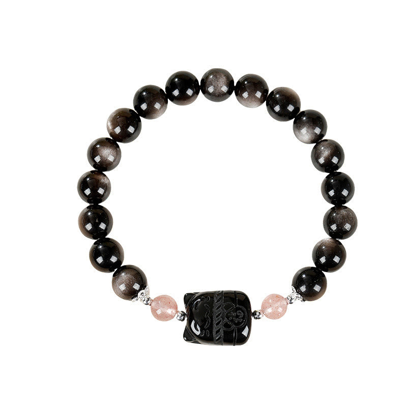 Armband Silber Obsidian Erdbeerquarz Katze Schutz Energie Perlen Handgelenk