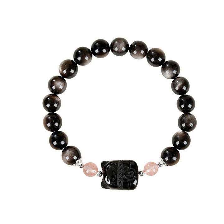 Armband Silber Obsidian Erdbeerquarz Katze Schutz Energie Perlen Handgelenk