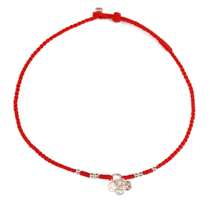 Rotes geflochtenes Armband 925 Silber Kupfer Münzen Anhänger Schutz Stärke Handgelenk
