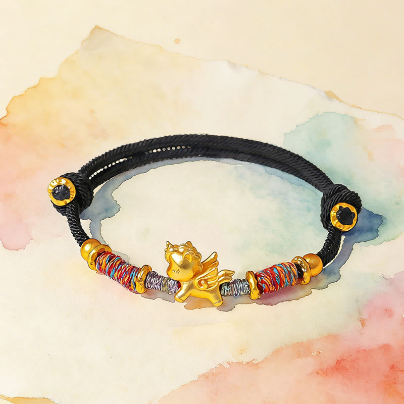 Armband Pferd 999 Silber Vergoldet – Schutz mit buntem geflochtenem Band