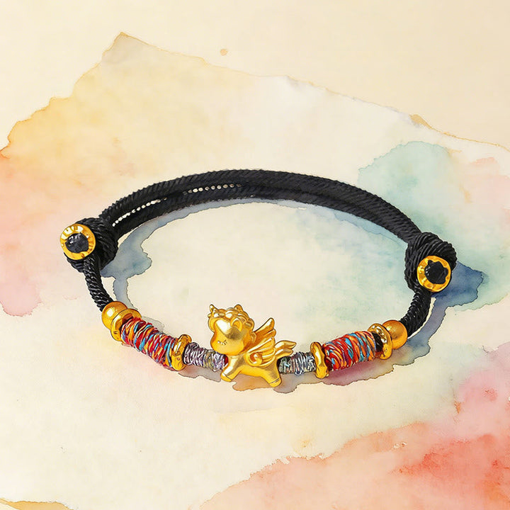 Armband Pferd 999 Silber Vergoldet – Schutz mit buntem geflochtenem Band