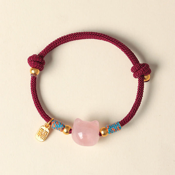 Armband Silber Obsidian Kristall Fu-Zeichen Schutz rosa Katze Glücksanhänger