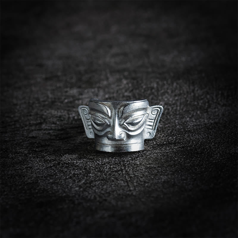 Sanxingdui Maske Ring 999 Silber Schutz Glück antiker Design