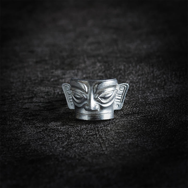 Sanxingdui Maske Ring 999 Silber Schutz Glück antiker Design