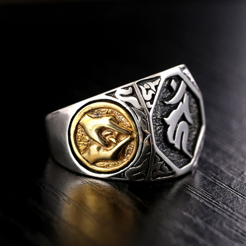 Ring 925 Silber Sanskrit-Design mit Schutz-Symbol Goldakzent
