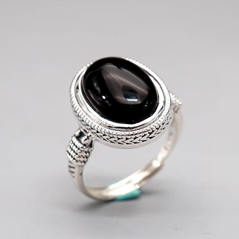 Schwarzer Onyx Ring Silber Schutz Fengshui Energie Glück Fingerring