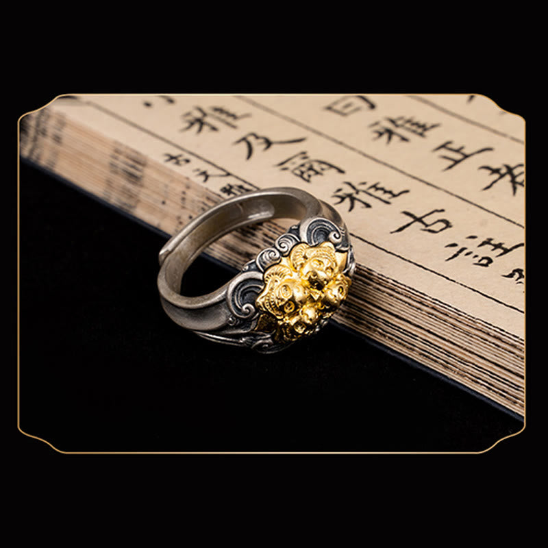 Ring 925 Silber Tibetanischer Schädel Schutz vergoldet Feng Shui Glück