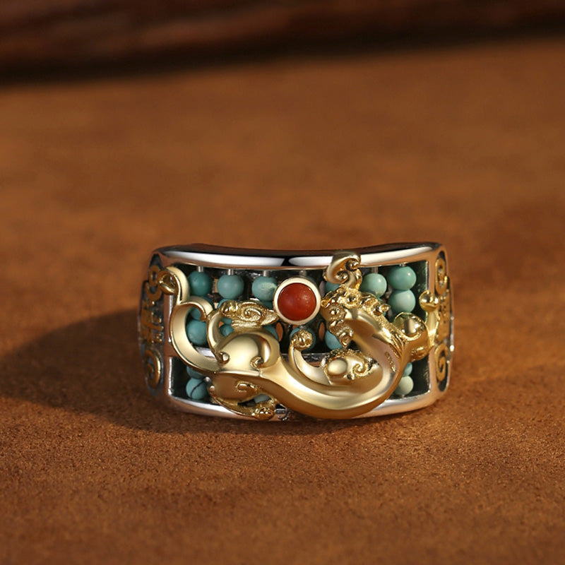 Pixiu Ring 925 Silber Türkis Roter Achat Schutz Fengshui Glück