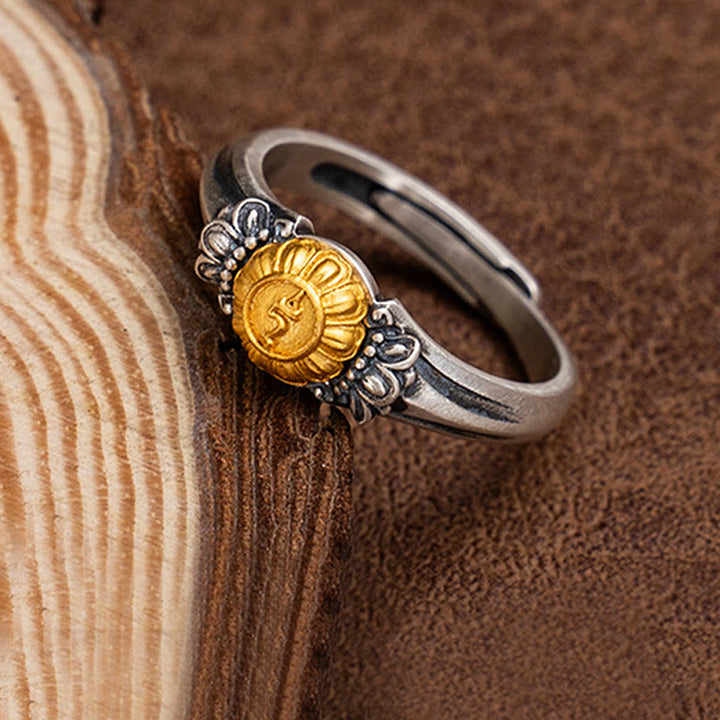 Ring 925 Silber Tara Schutz goldener Blüten Anhänger Dharma
