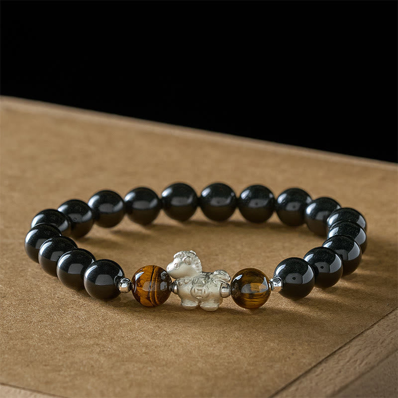Armband 925 Silber Schwarzer Obsidian Tigerauge Pixiu Stärke Segen Schutz Handgelenk