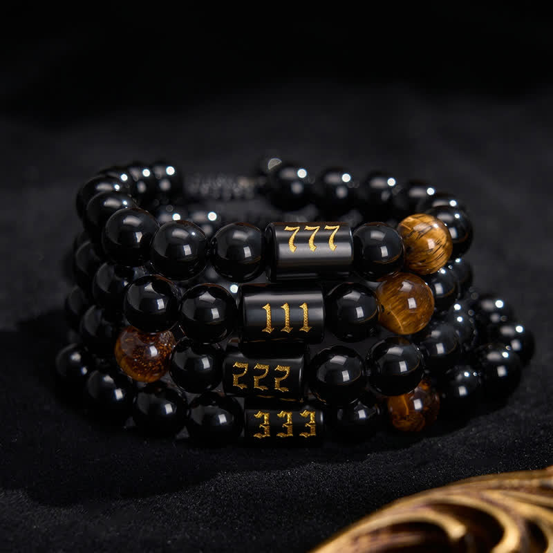 Armband Schwarzer Obsidian Tigerauge Stärke Segen Engelszahlen Perlen Handgelenk