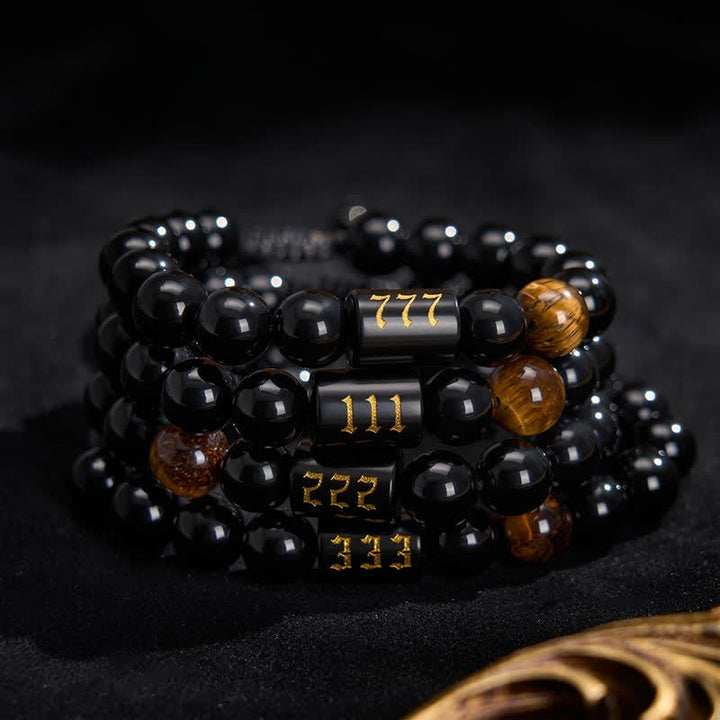 Armband Schwarzer Obsidian Tigerauge Stärke Segen Engelszahlen Perlen Handgelenk