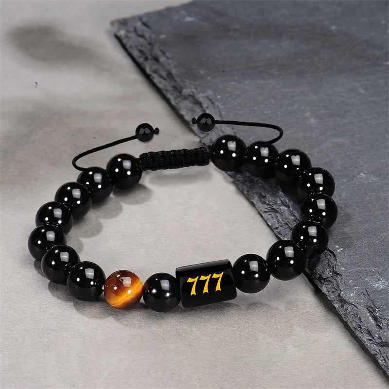 Armband Schwarzer Obsidian Tigerauge Stärke Segen 777 Perlen Handgelenk Schmuck