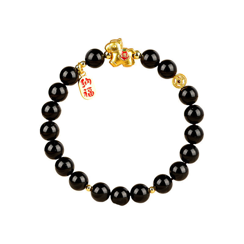 Armband Schwarzer Obsidian Stärke goldener Pixiu Anhänger Glück Schutz Handgelenk